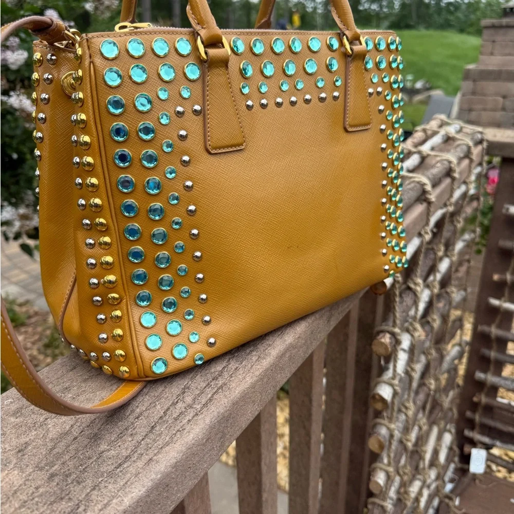 EUC! Prada Vintage Tan and Blue Studded Satchel Crossbody - Picture 2 of 7